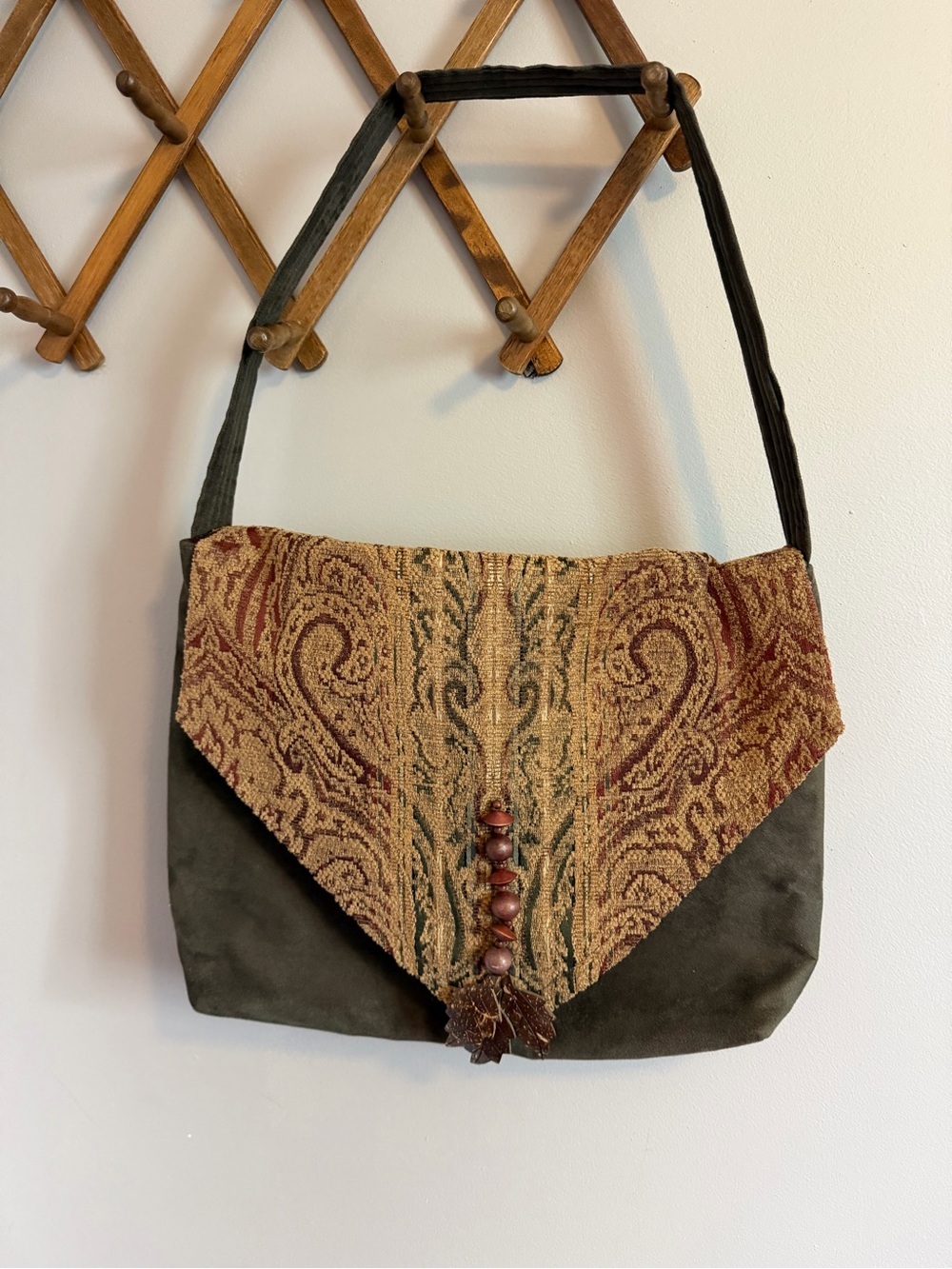 Handcrafted Tapestry Faux Suede Slouchy Shoulder Bag OS